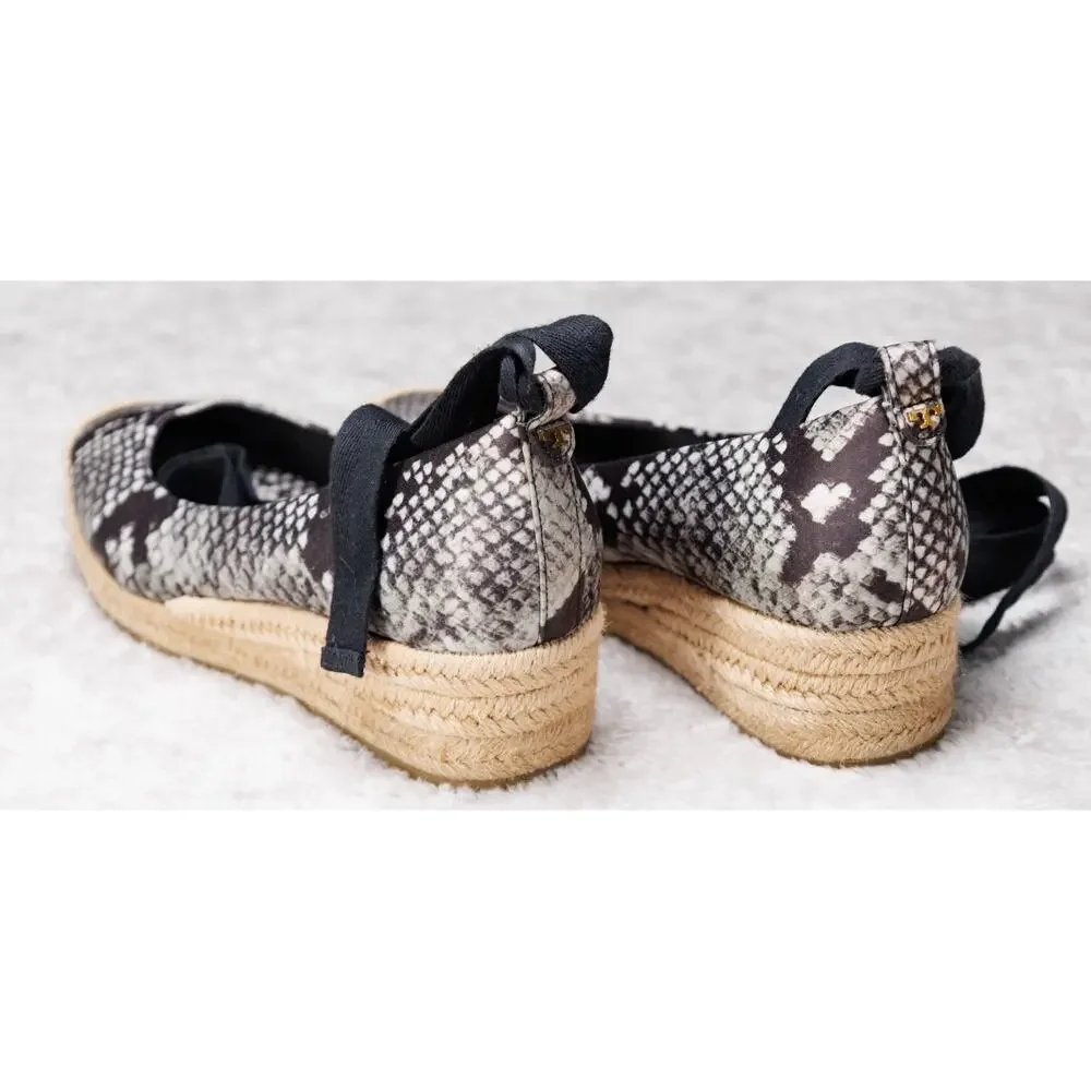 Tory Burch Heather Black Snakeprint Ankle Wrap Satin Wedges Espadrilles Womens 7